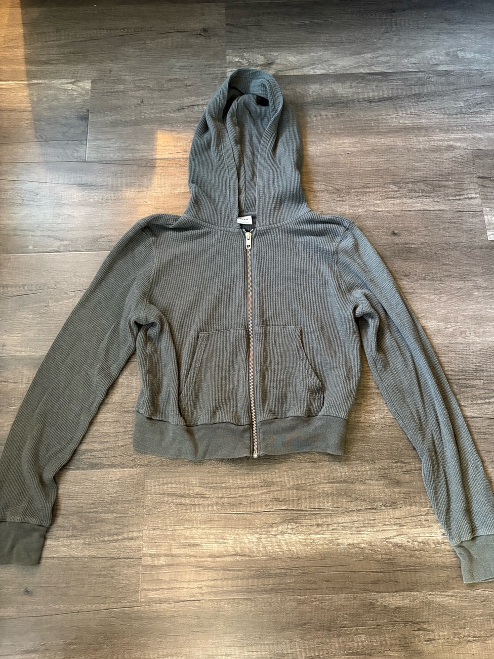Aritzia Tna Waffle Knit Thermal Zip Up Hoodie Grey Medium